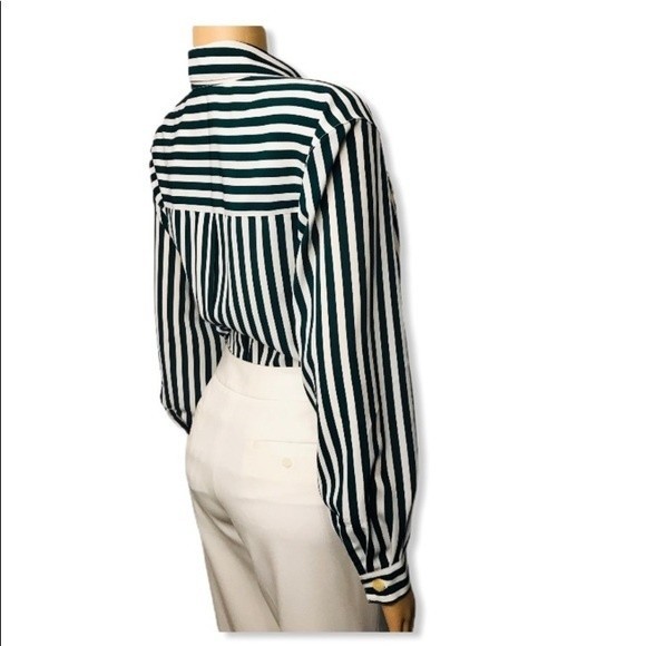 Vintage 90s Chaus Striped Button Down Blouse Emerald Green White size 10 - Picture 14 of 16